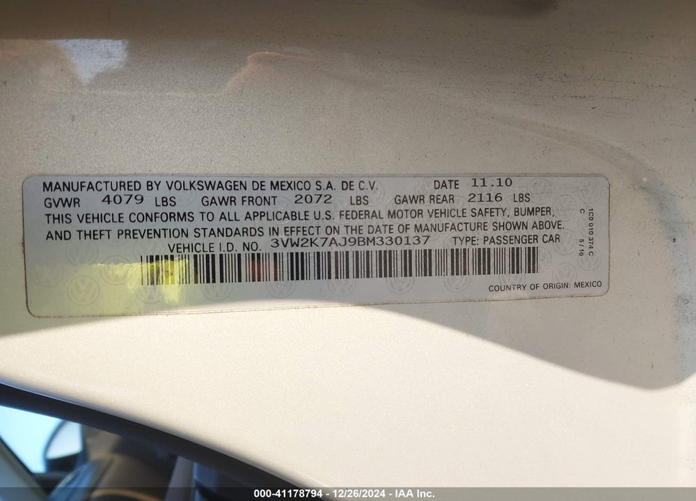 2011 VOLKSWAGEN JETTA 2.0L S VIN: 3VW2K7AJ9BM330137