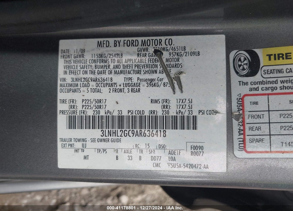2010 LINCOLN MKZ VIN: 3LNHL2GC9AR636418