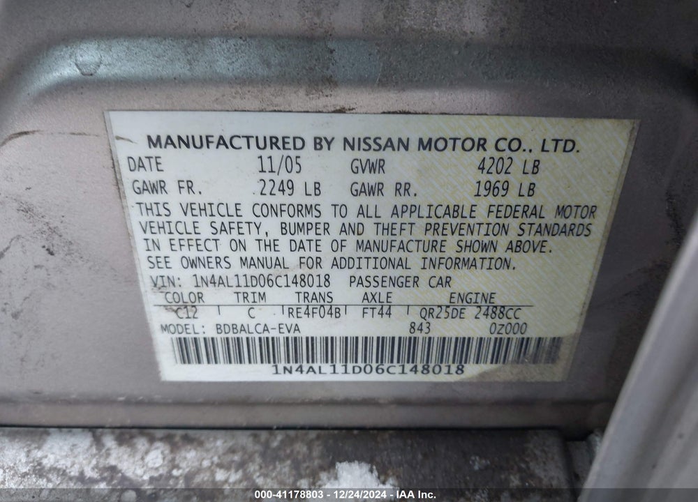 2006 NISSAN ALTIMA 2.5 S VIN: 1N4AL11D06C148018
