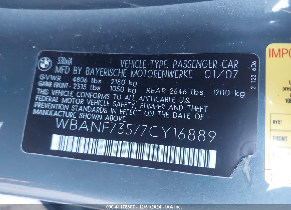2007 BMW 530XI VIN: WBANF73577CY16889