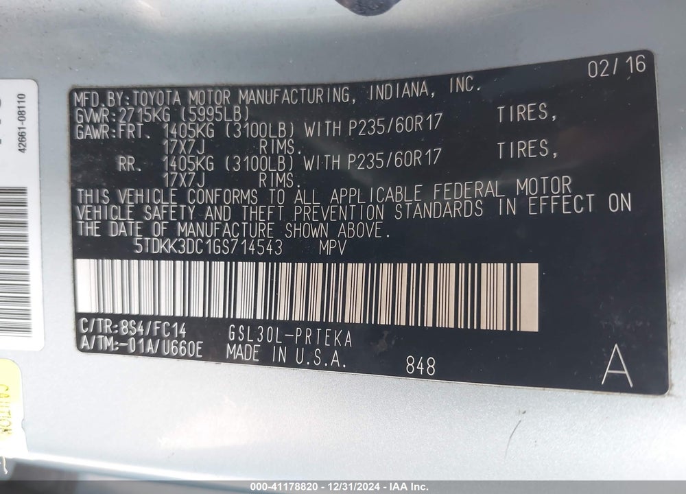 2016 TOYOTA SIENNA LE 8 PASSENGER VIN: 5TDKK3DC1GS714543