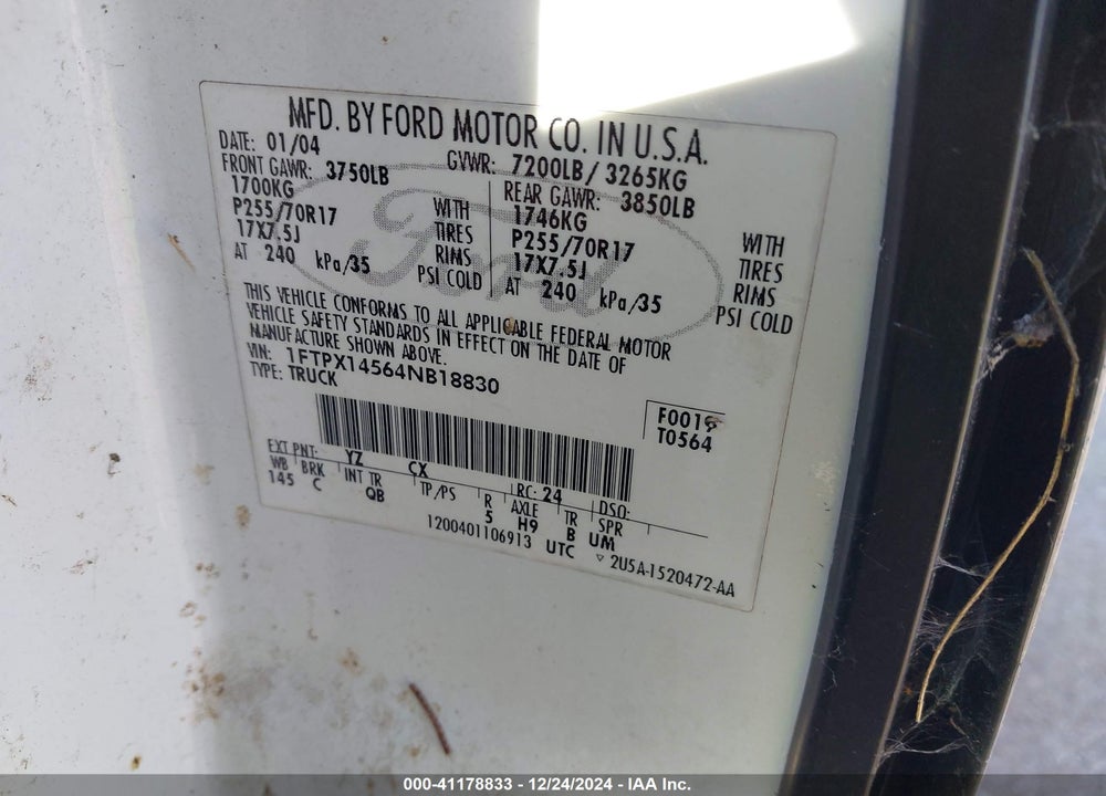 2004 FORD F-150 FX4/LARIAT/XL/XLT VIN: 1FTPX14564NB18830