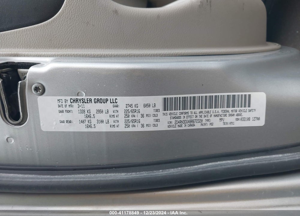 2011 DODGE GRAND CARAVAN MAINSTREET VIN: 2D4RN3DG4BR672320