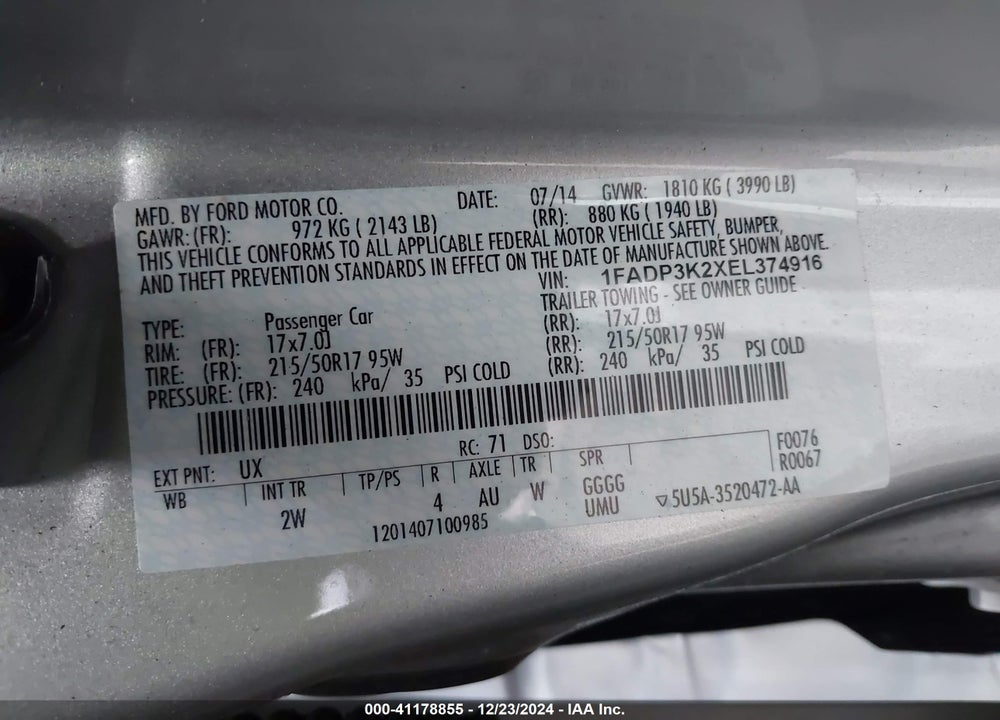 2014 FORD FOCUS SE VIN: 1FADP3K2XEL374916