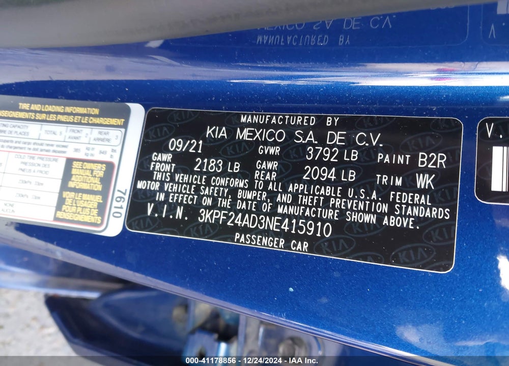 2022 KIA FORTE LXS VIN: 3KPF24AD3NE415910