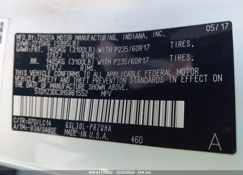 2017 TOYOTA SIENNA XLE LIMITED VIN: 5TDYZ3DC3HS861552