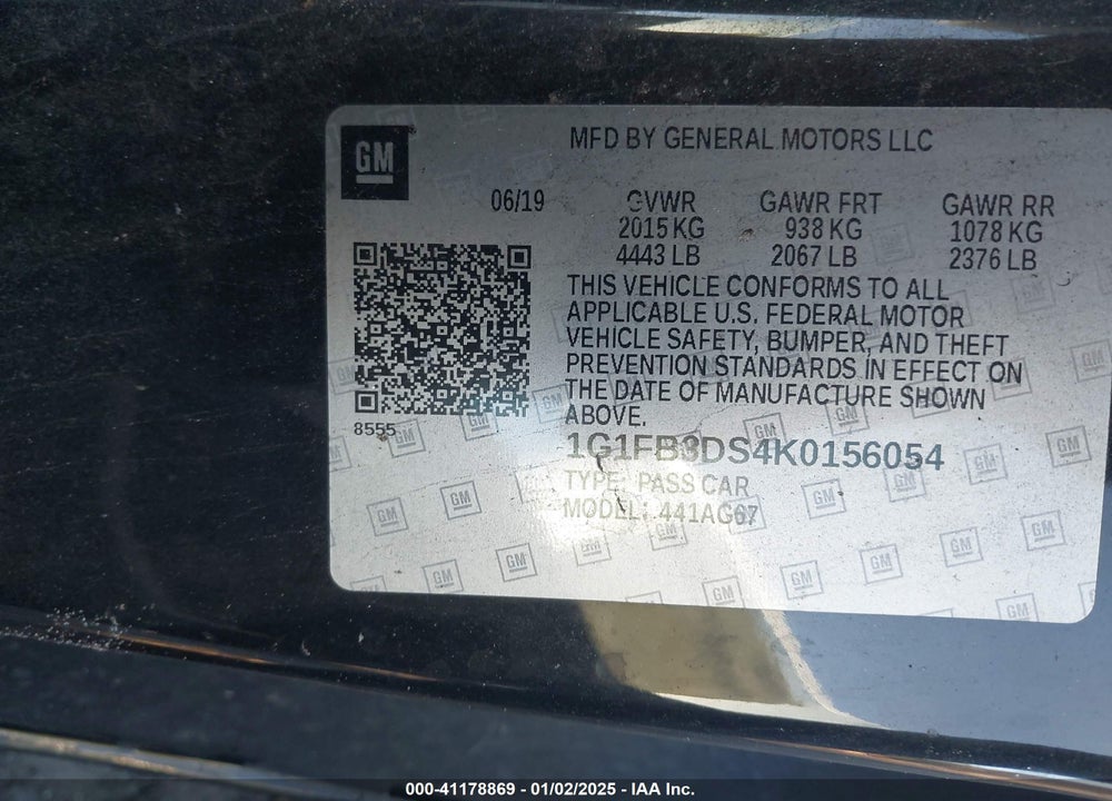 2019 CHEVROLET CAMARO VIN: 1G1FB3DS4K0156054