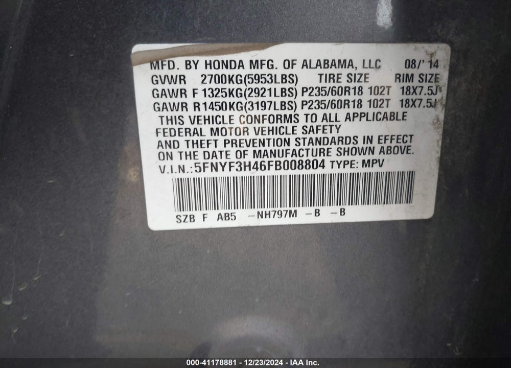 2015 HONDA PILOT VIN: 5FNYF3H46FB008804