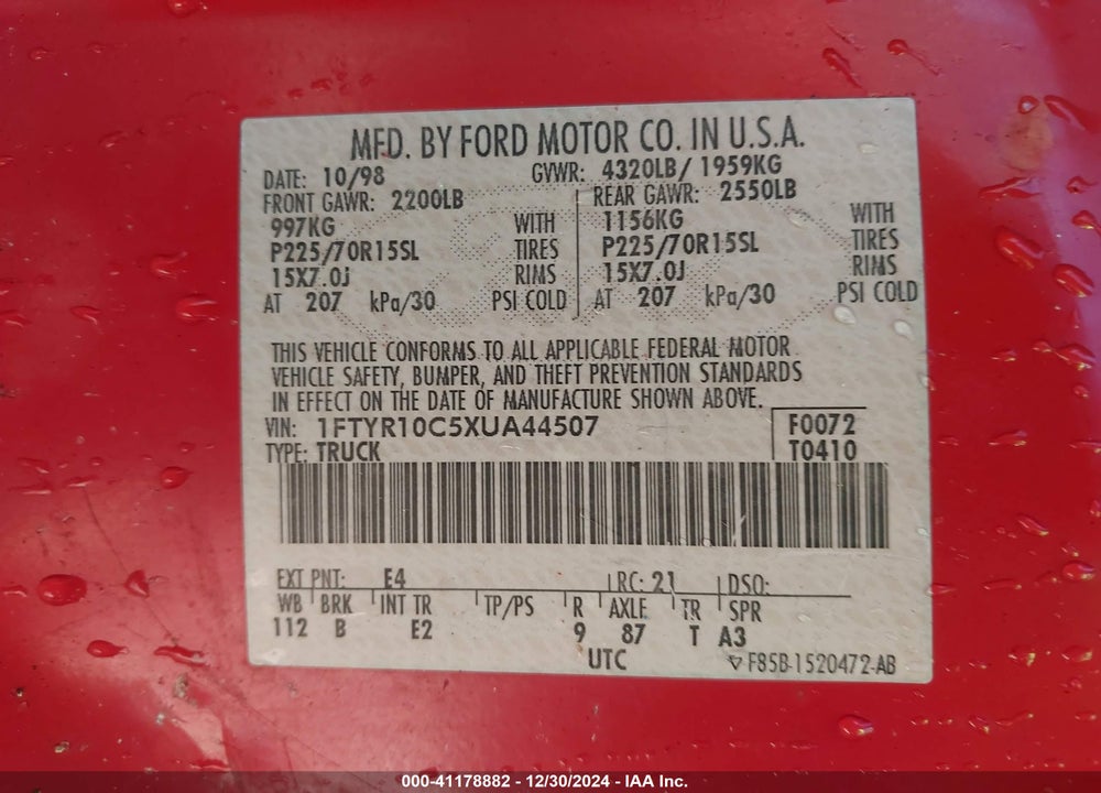1999 FORD RANGER XL/XLT VIN: 1FTYR10C5XUA44507