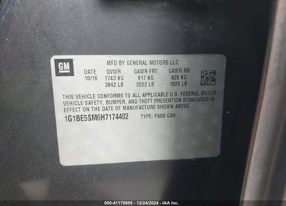 2017 CHEVROLET CRUZE LT AUTO VIN: 1G1BE5SM6H7174402
