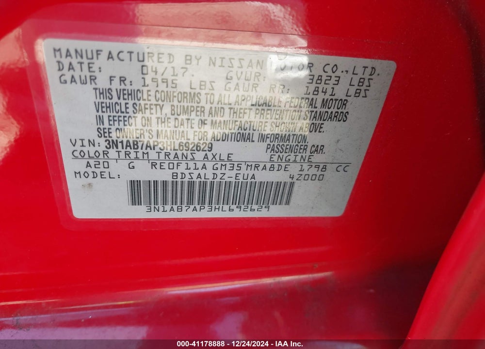 2017 NISSAN SENTRA SV VIN: 3N1AB7AP3HL692629