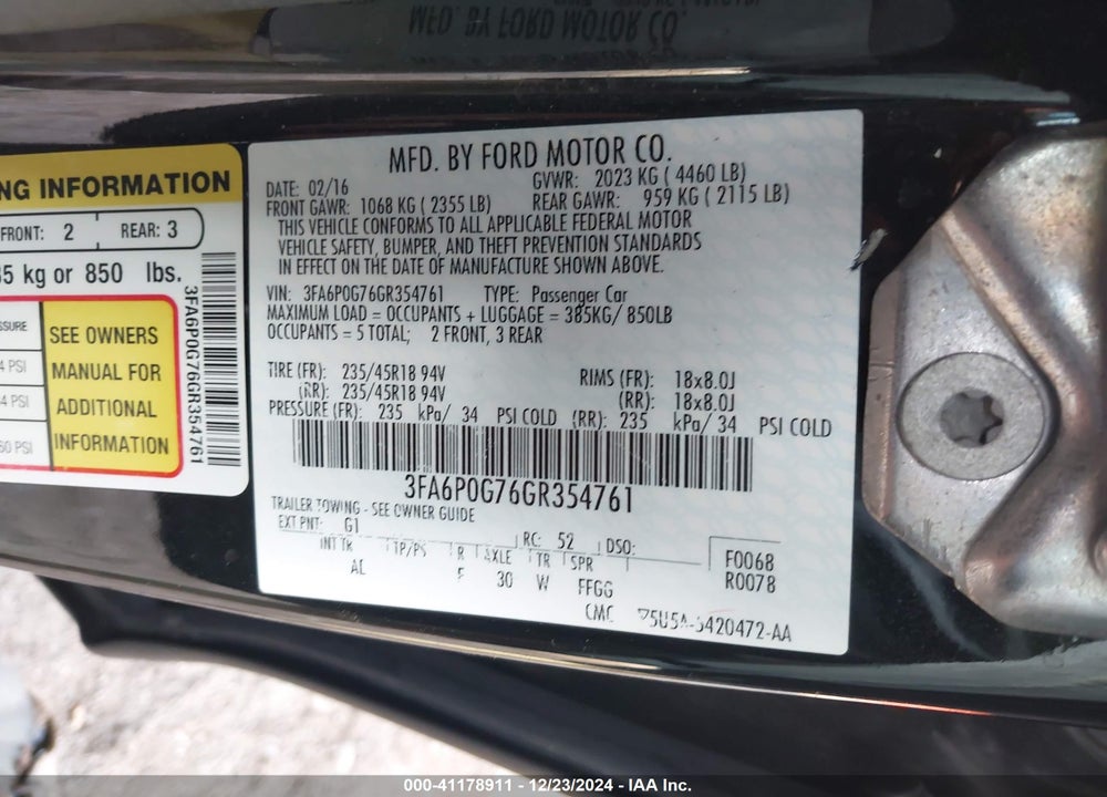 2016 FORD FUSION VIN: 3FA6P0G76GR354761