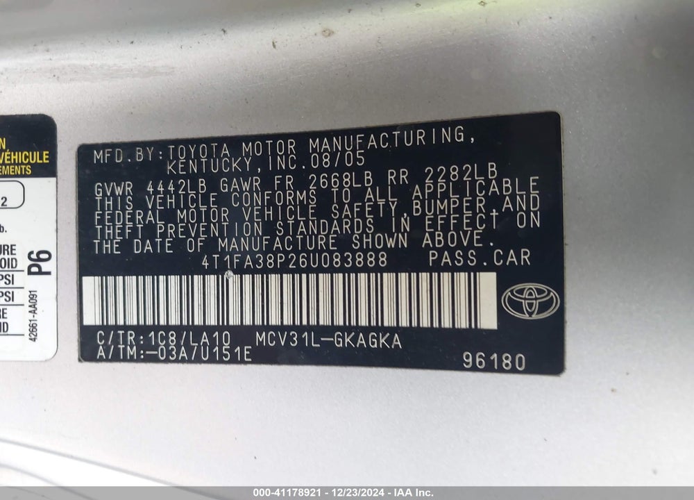 2006 TOYOTA CAMRY SOLARA SE/SLE VIN: 4T1FA38P26U083888