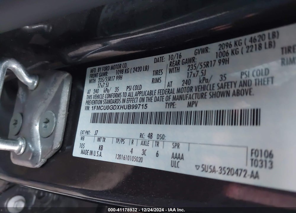 2017 FORD ESCAPE VIN: 1FMCU0GDXHUB99715