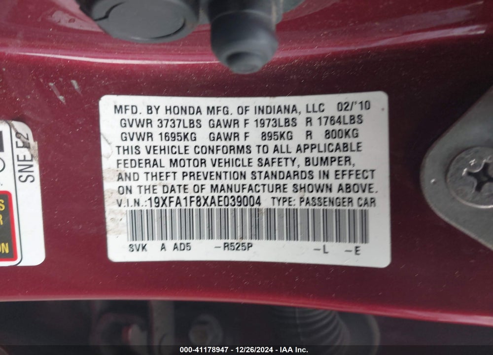 2010 HONDA CIVIC EX VIN: 19XFA1F8XAE039004