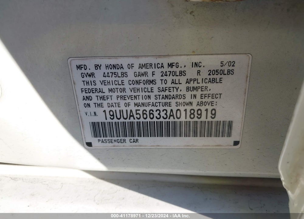 2003 ACURA TL 3.2 VIN: 19UUA56633A018919