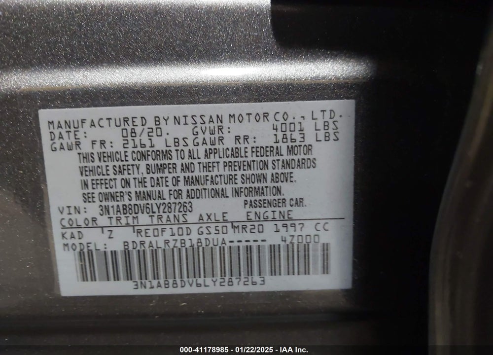 2020 NISSAN SENTRA VIN: 3N1AB8DV6LY287263