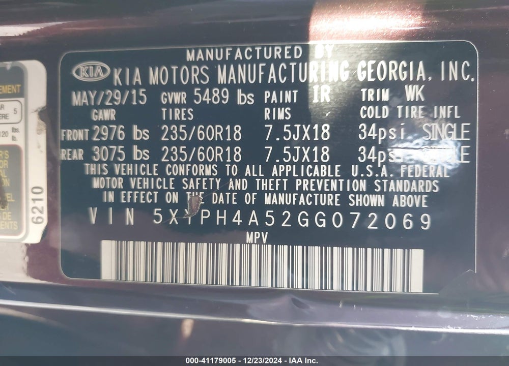 2016 KIA SORENTO 3.3L EX VIN: 5XYPH4A52GG072069