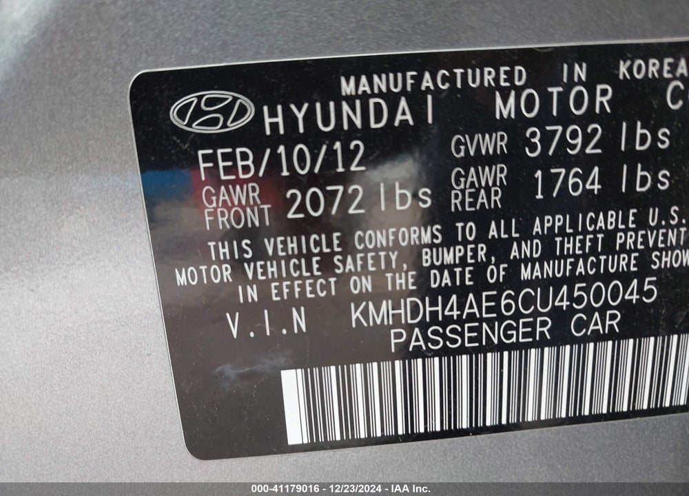 2012 HYUNDAI ELANTRA LIMITED (ULSAN PLANT) VIN: KMHDH4AE6CU450045