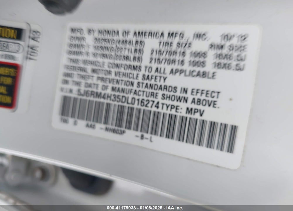 2013 HONDA CR-V LX VIN: 5J6RM4H35DL016274