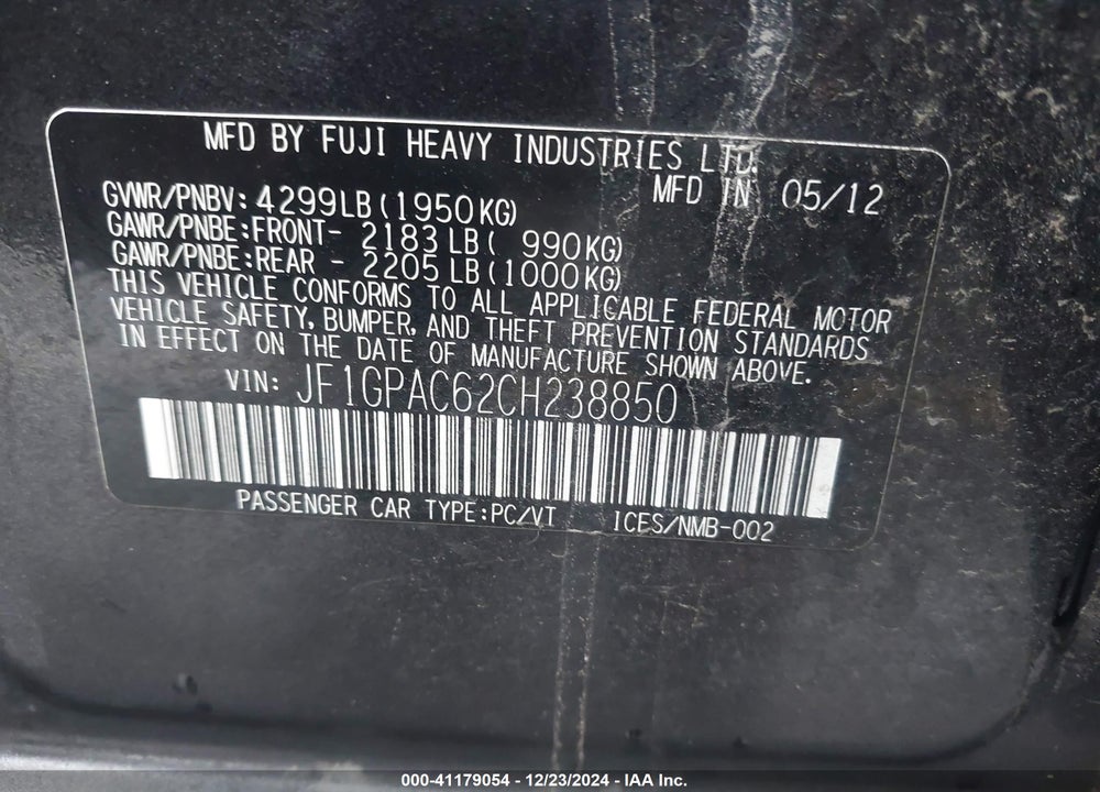 2012 SUBARU IMPREZA 2.0I PREMIUM VIN: JF1GPAC62CH238850