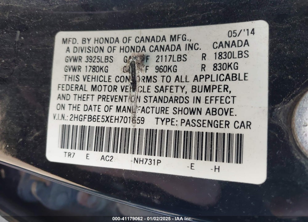 2014 HONDA CIVIC SI VIN: 2HGFB6E5XEH701659