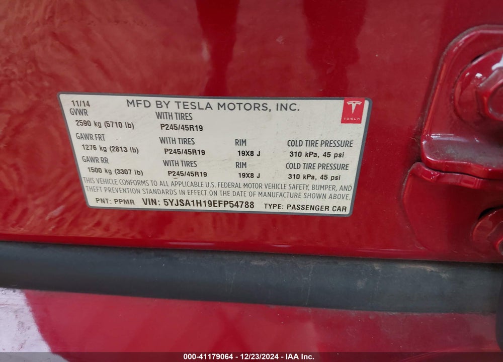 2014 TESLA MODEL S P85 VIN: 5YJSA1H19EFP54788