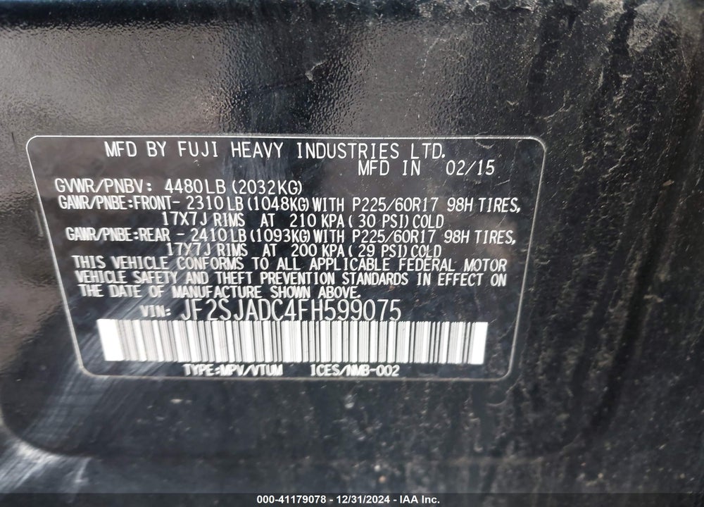 2015 SUBARU FORESTER 2.5I PREMIUM VIN: JF2SJADC4FH599075