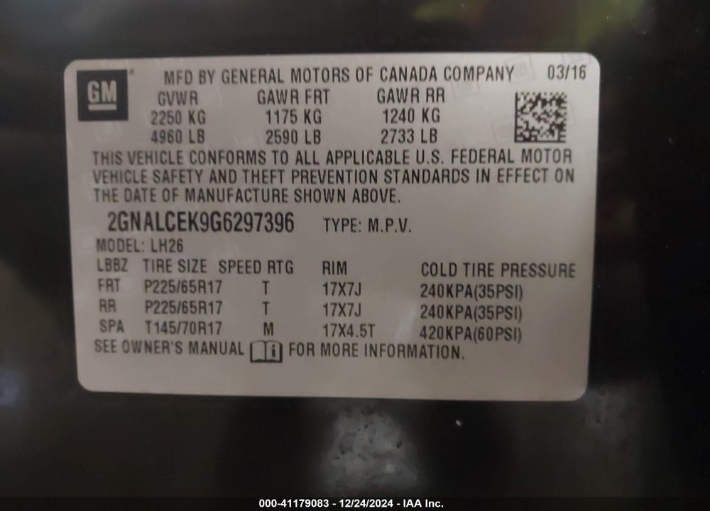 2016 CHEVROLET EQUINOX LT VIN: 2GNALCEK9G6297396