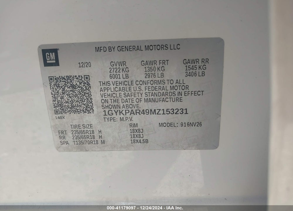 2021 CADILLAC XT6 VIN: 1GYKPAR49MZ153231