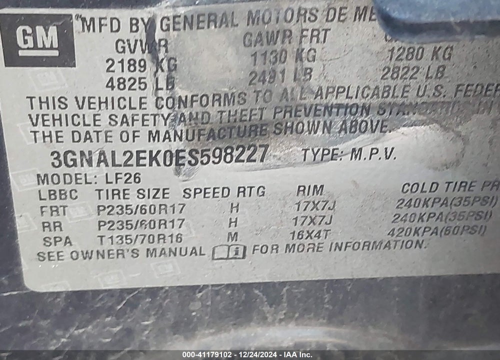 2014 CHEVROLET CAPTIVA SPORT 2LS VIN: 3GNAL2EK0ES598227