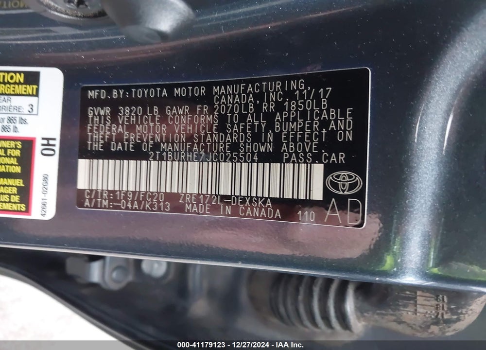 2018 TOYOTA COROLLA SE VIN: 2T1BURHE7JC025504
