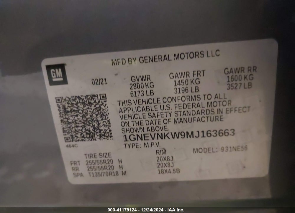 2021 CHEVROLET TRAVERSE VIN: 1GNEVNKW9MJ163663