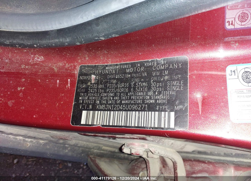 2005 HYUNDAI TUCSON GLS/LX VIN: KM8JN12D45U096271