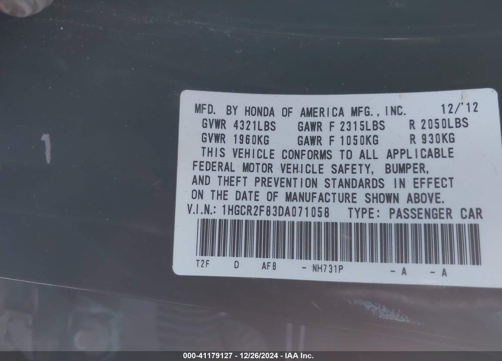 2013 HONDA ACCORD VIN: 1HGCR2F83DA071058
