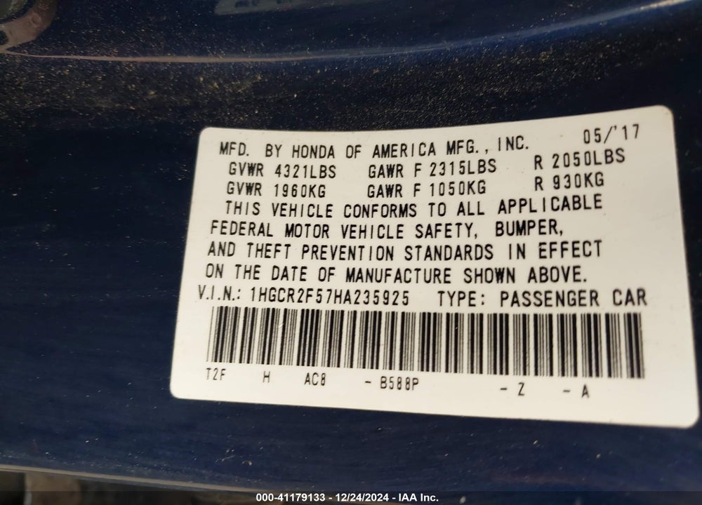 2017 HONDA ACCORD SPORT VIN: 1HGCR2F57HA235925
