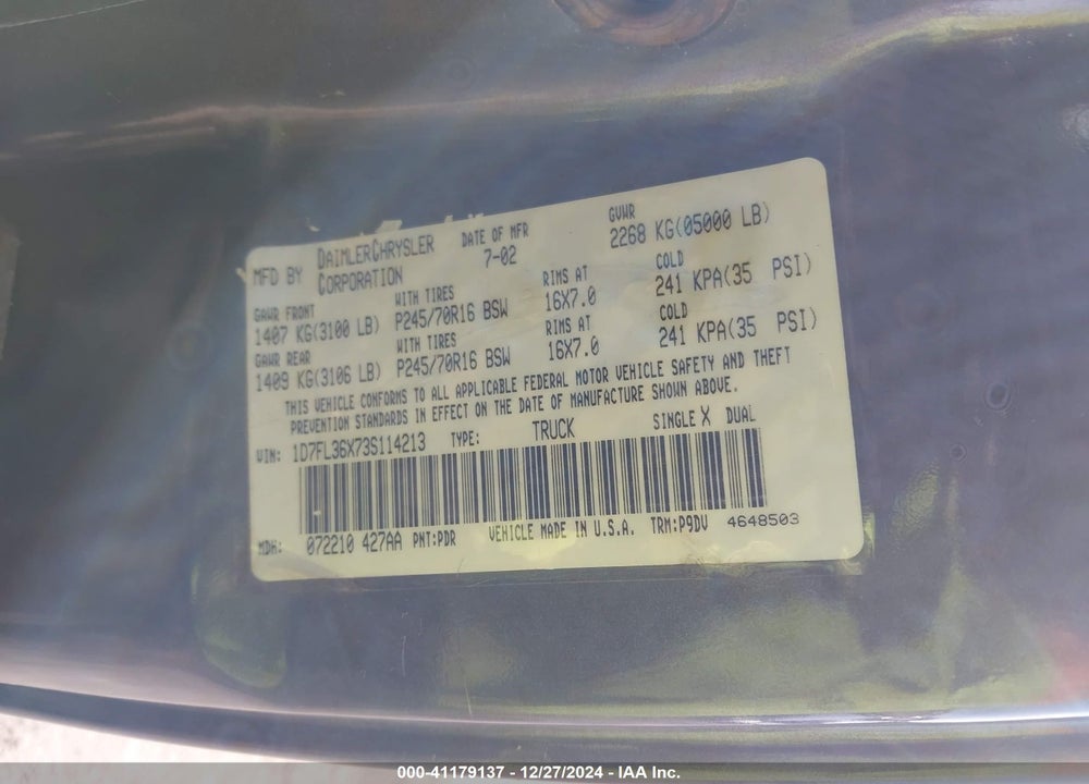 2003 DODGE DAKOTA SPORT VIN: 1D7FL36X73S114213