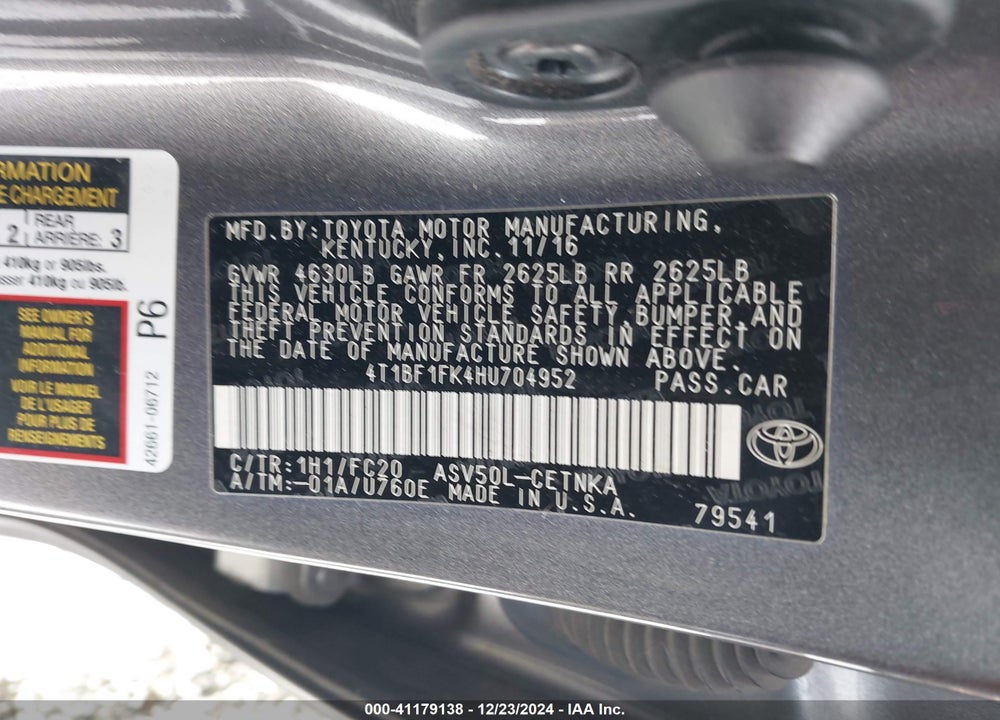 2017 TOYOTA CAMRY LE VIN: 4T1BF1FK4HU704952