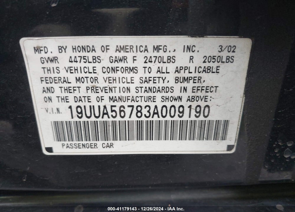 2003 ACURA TL VIN: 19UUA56783A009190