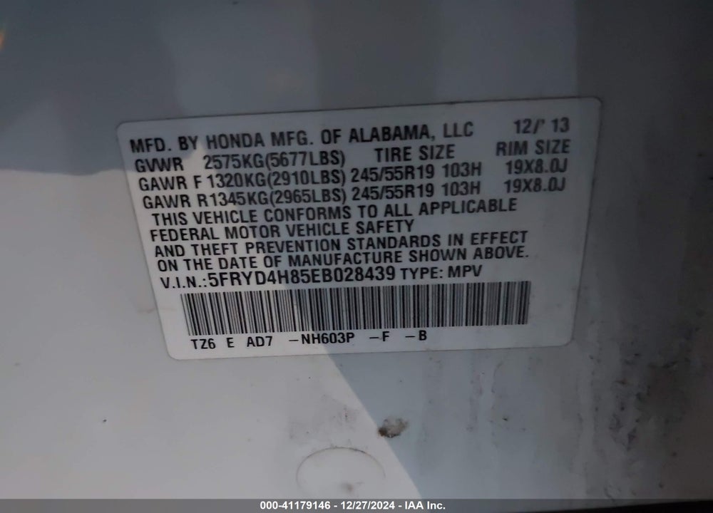 2014 ACURA MDX ADVANCE PKG W/ENTERTAINMENT PKG VIN: 5FRYD4H85EB028439