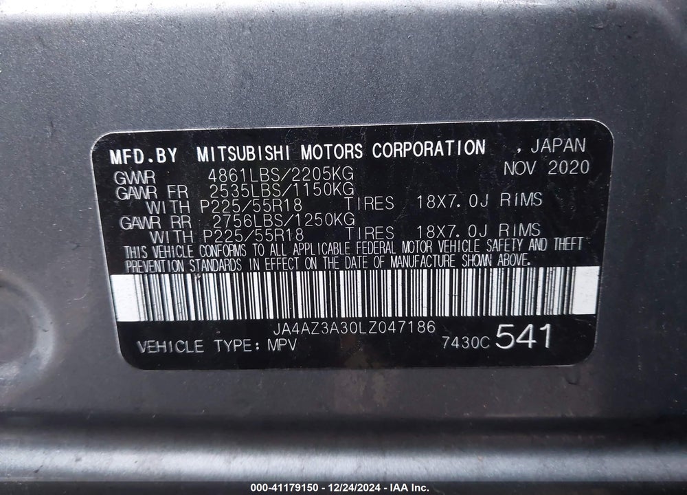 2020 MITSUBISHI OUTLANDER ES 2.4 S-AWC/LE 2.4 S-AWC/SE 2.4 S-AWC/SEL 2.4 S-AWC/SP 2.4 S-AWC VIN: JA4AZ3A30LZ047186