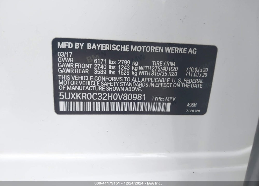 2017 BMW X5 XDRIVE35I VIN: 5UXKR0C32H0V80981