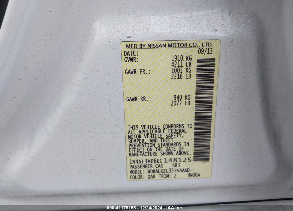 2014 NISSAN ALTIMA 2.5 SL VIN: 1N4AL3AP6EC148125