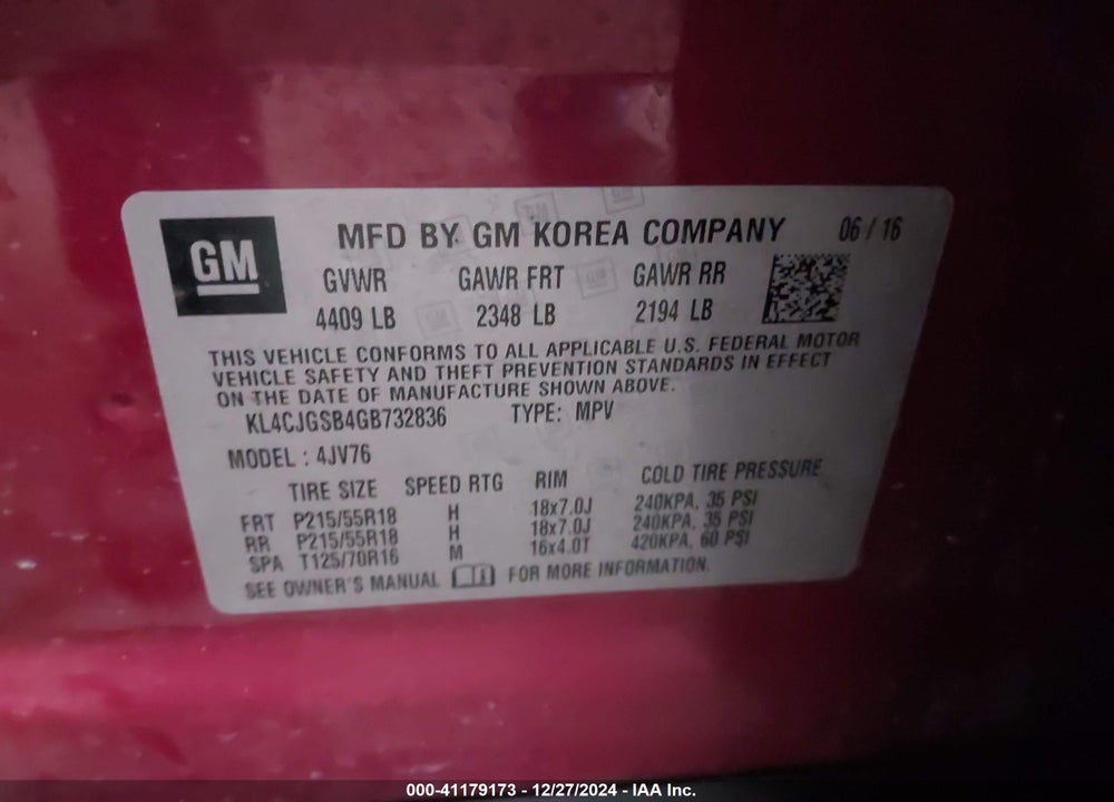 2016 BUICK ENCORE LEATHER VIN: KL4CJGSB4GB732836