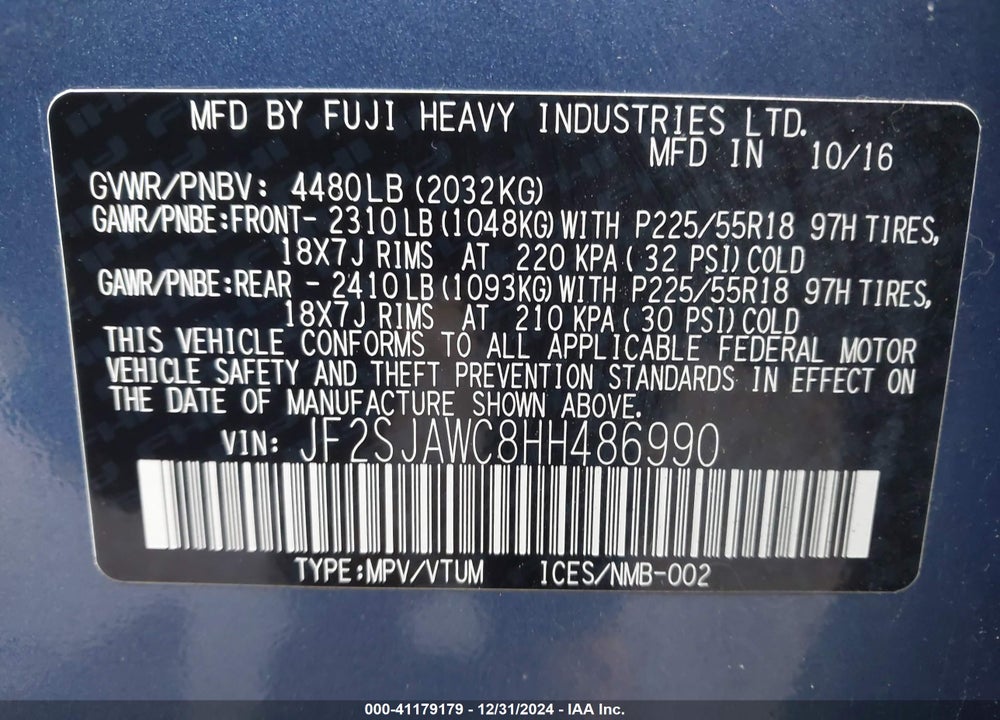 2017 SUBARU FORESTER VIN: JF2SJAWC8HH486990
