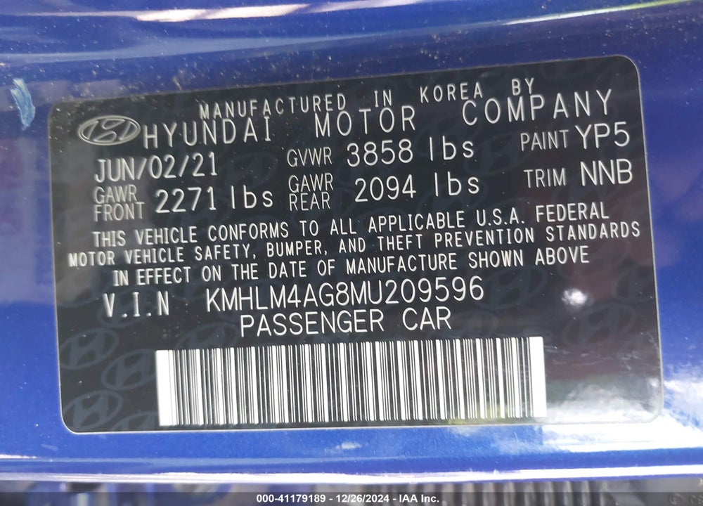 2021 HYUNDAI ELANTRA VIN: KMHLM4AG8MU209596