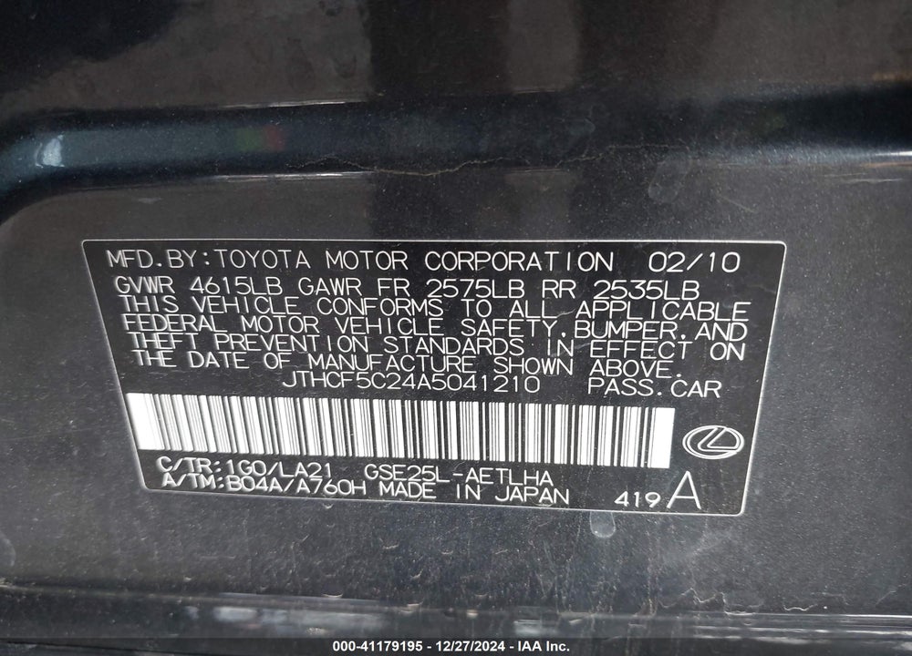 2010 LEXUS IS 250 VIN: JTHCF5C24A5041210