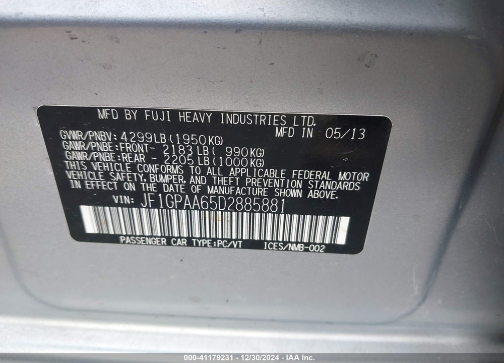 2013 SUBARU IMPREZA 2.0I VIN: JF1GPAA65D2885881