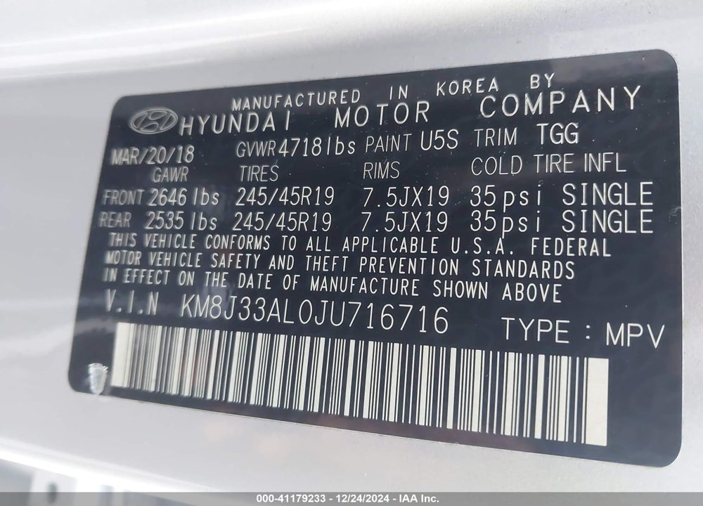 2018 HYUNDAI TUCSON SPORT VIN: KM8J33AL0JU716716