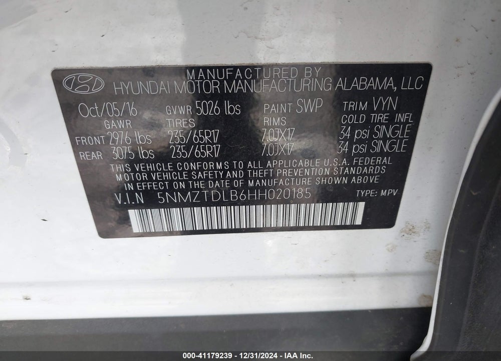 2017 HYUNDAI SANTA FE SPORT 2.4L VIN: 5NMZTDLB6HH020185